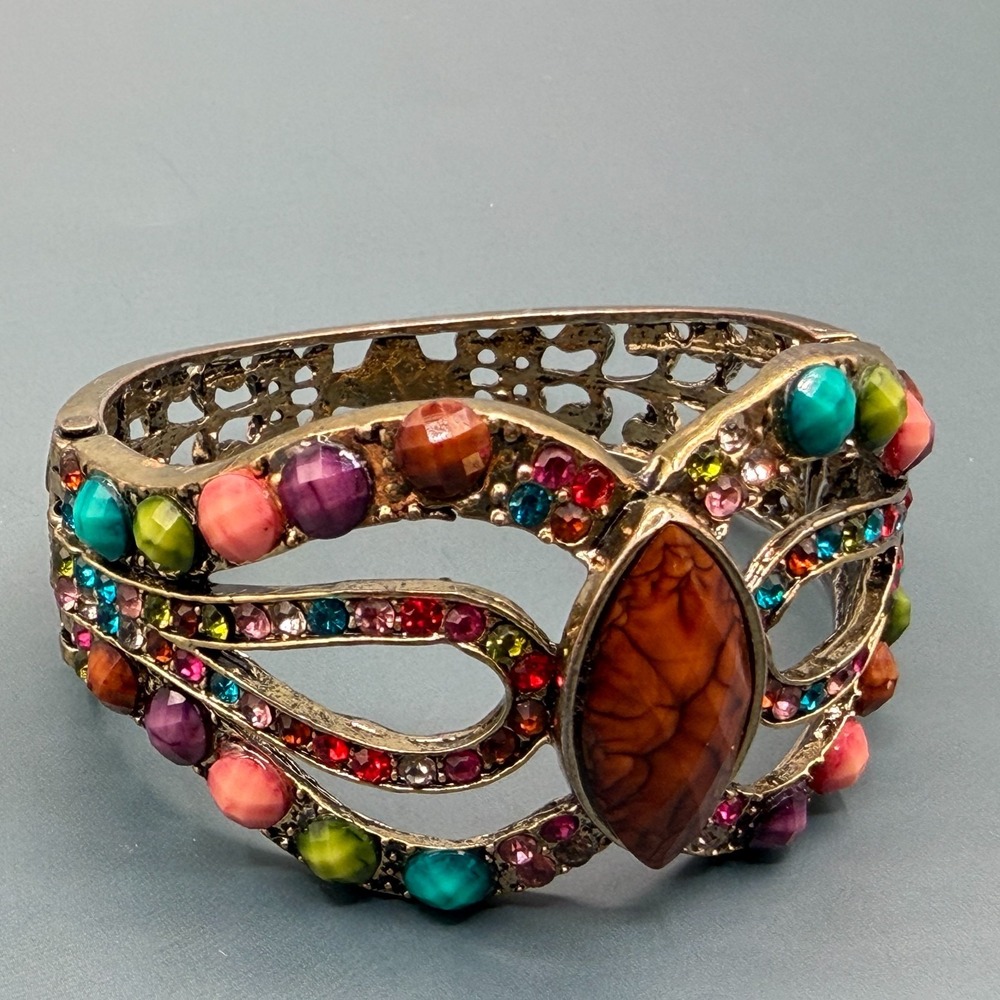 Multicolor Rhinestone Hinged Bangle Bracelet Marquise Cabochon Boho Statement